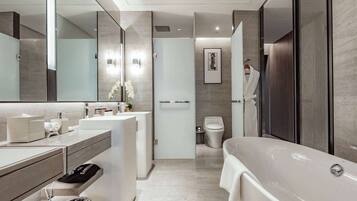 Hair dryer, bathrobes, slippers, towels
