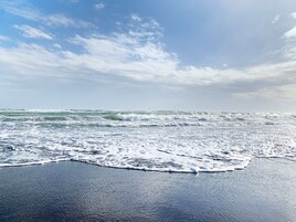 Una playa con olas y un cielo despejado.