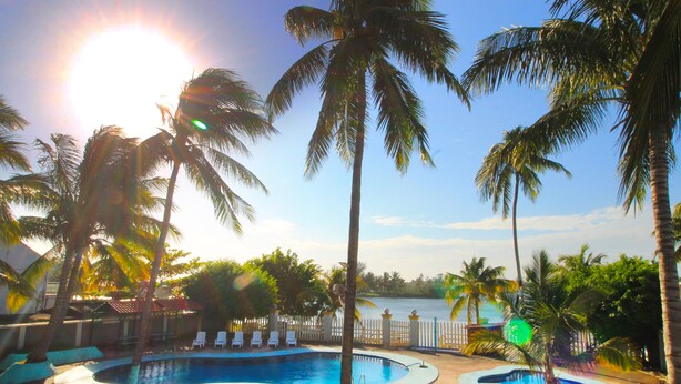 A pool area with multiple pools, palm trees, and a view of the water. - Hotel Gran Palmeiras (Úrsulo Galván)