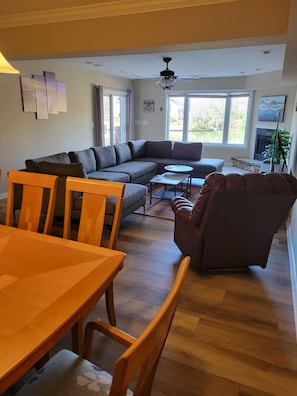 Smart TV, fireplace, DVD player, books