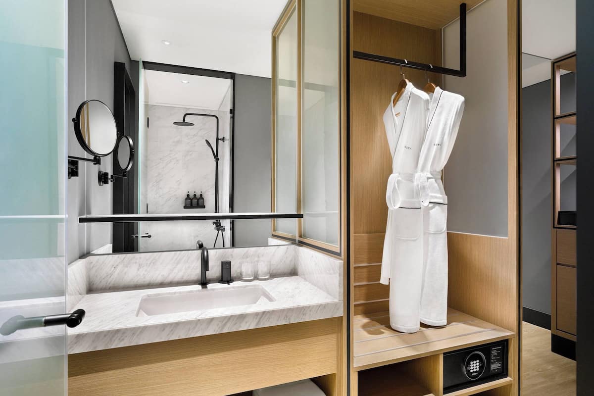 free toiletries, hair dryer, bathrobes, slippers