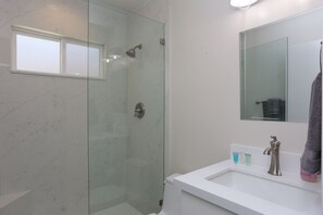 A modern bathroom with a glass-enclosed shower, a white sink, and a large mirror. - Pacific Beach one bedroom with bikes and a/c (San Diego)