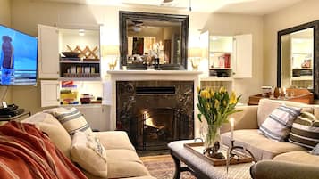 Smart TV, fireplace, books, music library