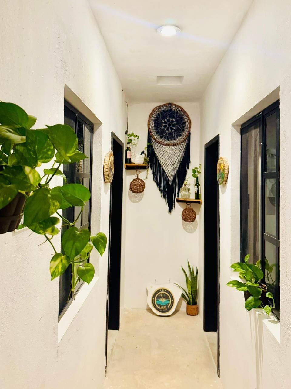 A narrow hallway with white walls, black-framed windows, and a ceiling light. There are potted plants on the left and right sides, and a decorative wall hanging in the center.