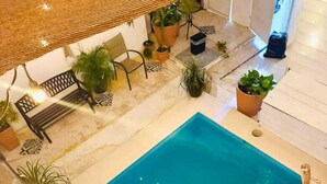 A pool area with a blue pool, surrounded by potted plants and a wooden deck. - AKBAL Holbox (Isla Holbox)