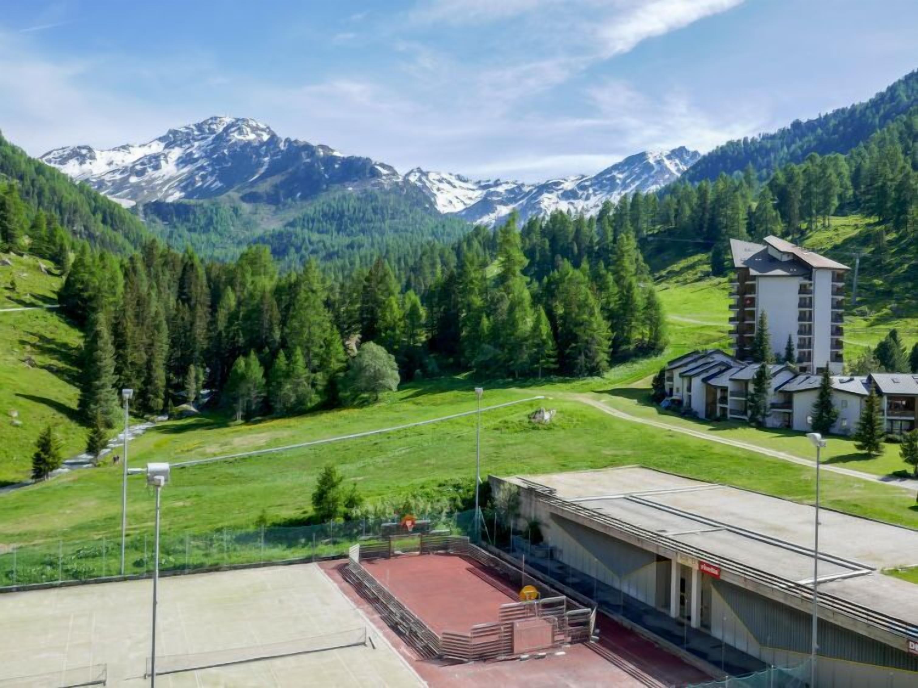 Et hotel med udsigt til sneklædte bjerge, omgivet af tæt skov.