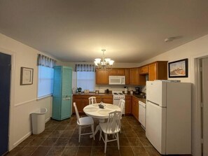 Fridge, coffee/tea maker, cookware/dishes/utensils