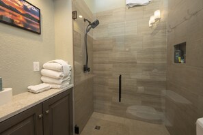 Shower, hair dryer, towels