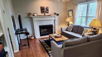 Televisio, takka, työhuone