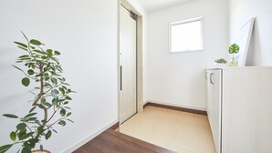Um corredor com planta em vaso, uma porta, uma janela e um armário.