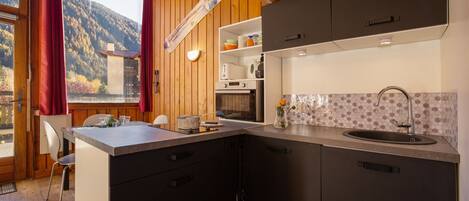 Fridge, microwave, stovetop, coffee/tea maker