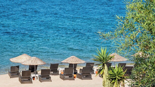 Eine Strandlounge mit Liegestühlen und Reetdachsonnenuren, mit Blick auf ein ruhiges Meer.