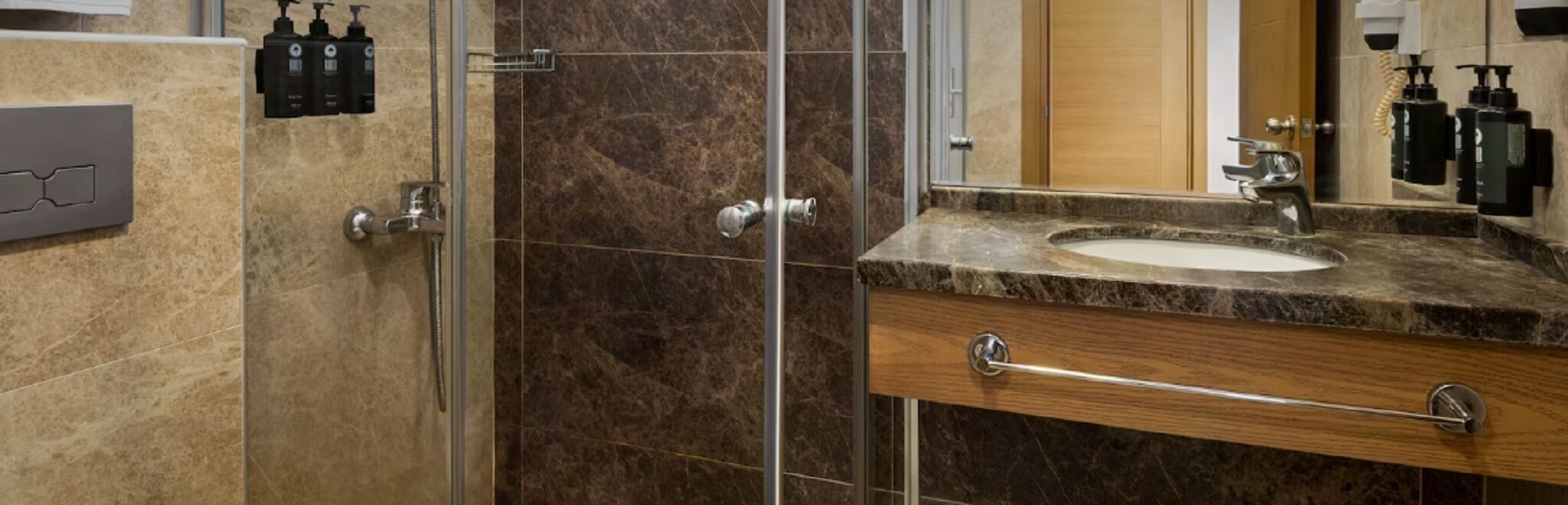 Bathroom | Shower, hair dryer, slippers, towels