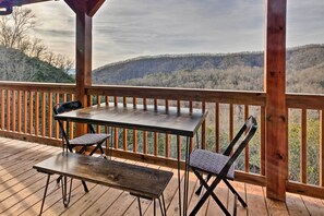 Outdoor dining - Hilltop Cabin on 5 Acres w/ Hot Tub & Waterfall! (Bryson City)