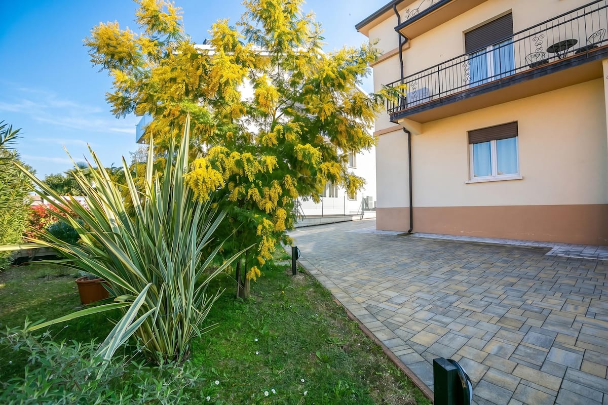 Ein Innenhof mit Baum, Blumentopf und einem Gebäude mit Balkon.