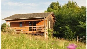 Une cabane en bois, dotée d’un toit en pente, entourée d’herbes hautes et d’arbres.