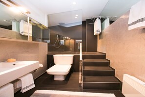 Combined shower/bathtub, hair dryer, towels, soap