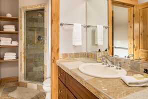 Shower, jetted tub, hair dryer, towels
