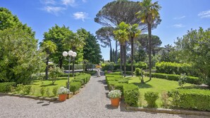 Un sendero en un jardín con setos bien cuidados, palmeras y un cielo azul despejado.