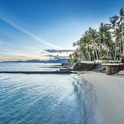 Private beach, white sand, sun loungers, beach umbrellas
