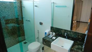 A bathroom with a glass shower enclosure, a toilet, a sink with a marble countertop, and a mirror.
