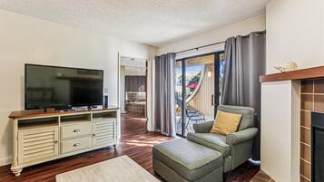 Télévision, cheminée, espaces bureaux