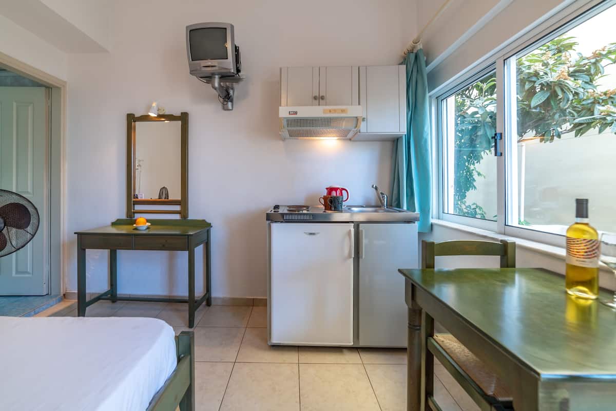 Habitación compacta con cama, escritorio, kitchenette pequeño, espejo y ventana con vista a follaje.