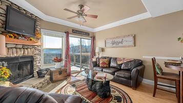 TV connectée, cheminée, livres