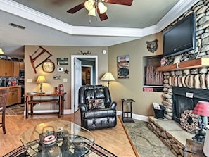 Smart TV, fireplace, books