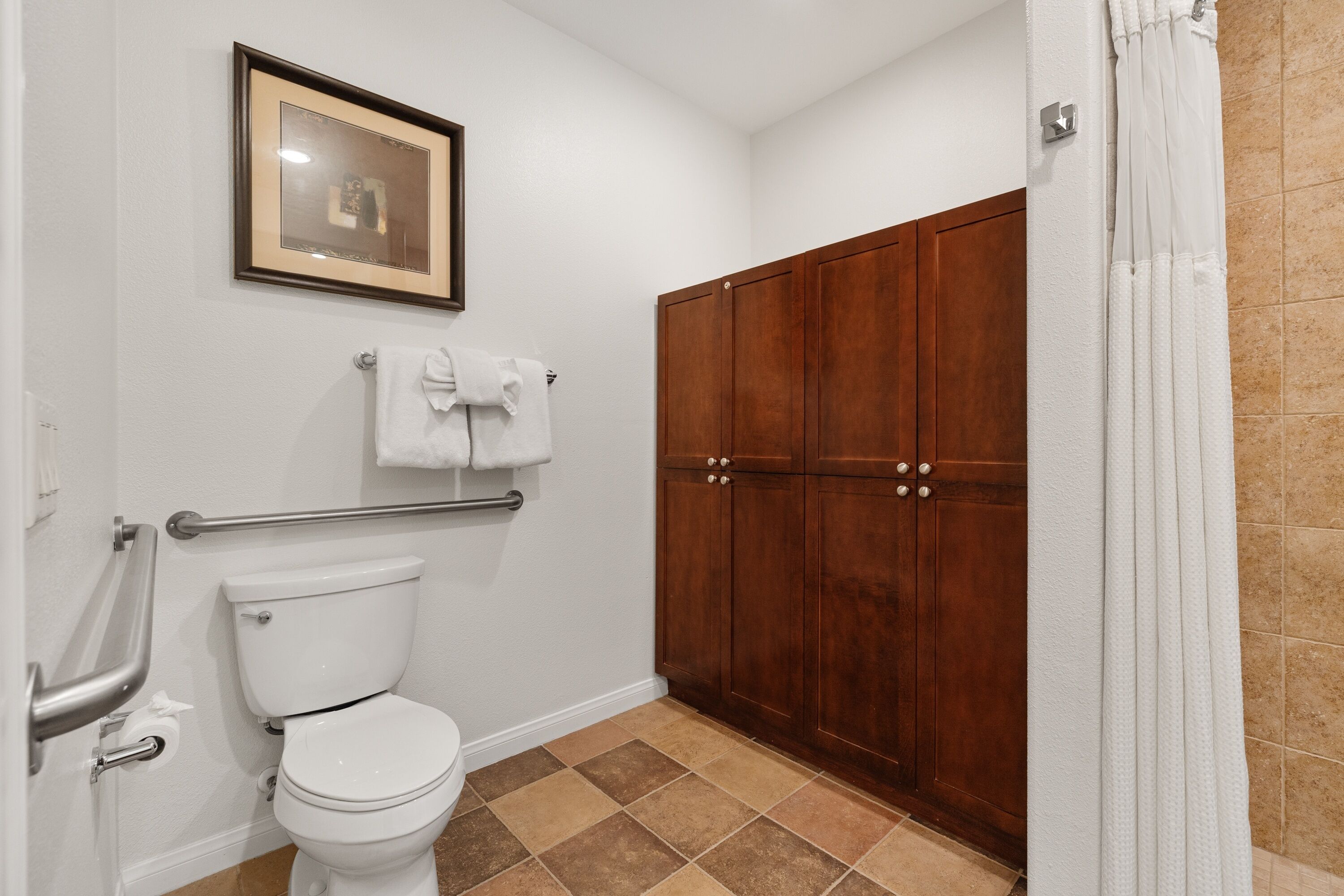 Une salle de bain avec des toilettes, un tableau encadré au mur, un meuble en bois et un rideau de douche.