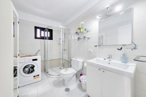 Dusj, hårføner, håndklær og toalettpapir