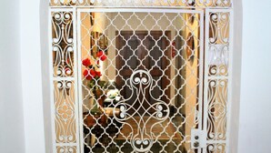 A decorative arched doorway with intricate metalwork, a potted plant, and a red mat on the floor. - CHIC-ALAMEDA (Sevilla)