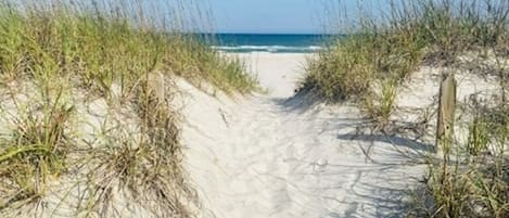 On the beach, sun loungers
