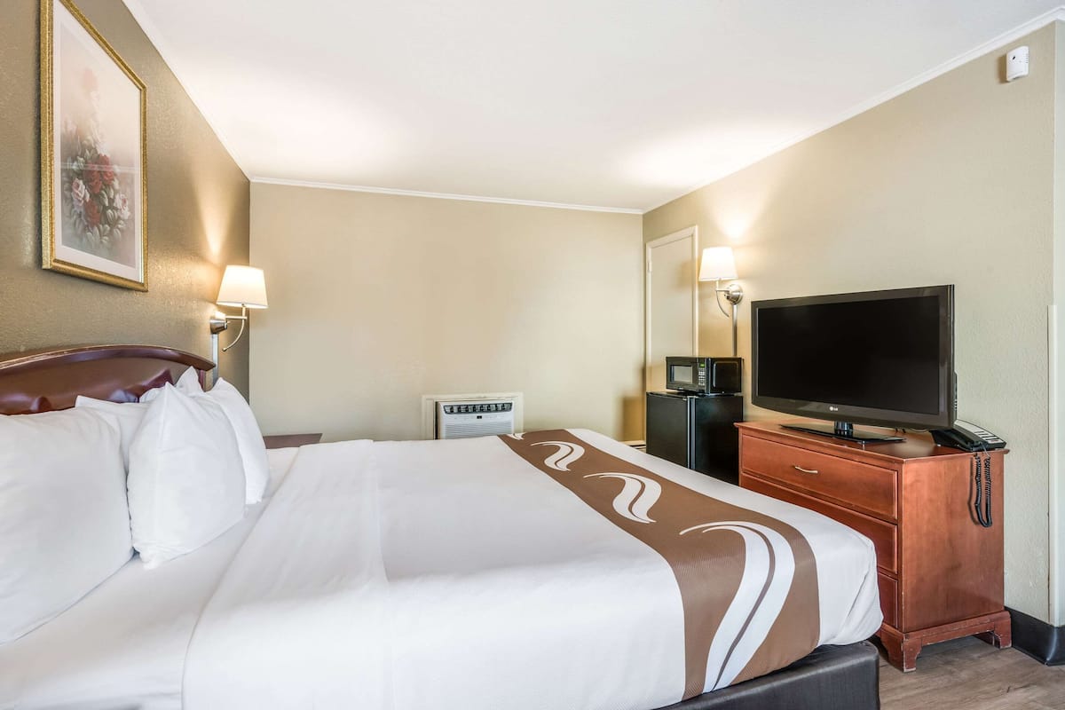Una habitación de hotel con una cama grande, televisión, escritorio con lámpara y un cuadro en la pared.