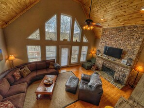 Älytelevisio, takka, DVD-soitin, kirjoja