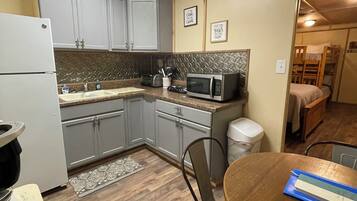 Fridge, microwave, coffee/tea maker, toaster