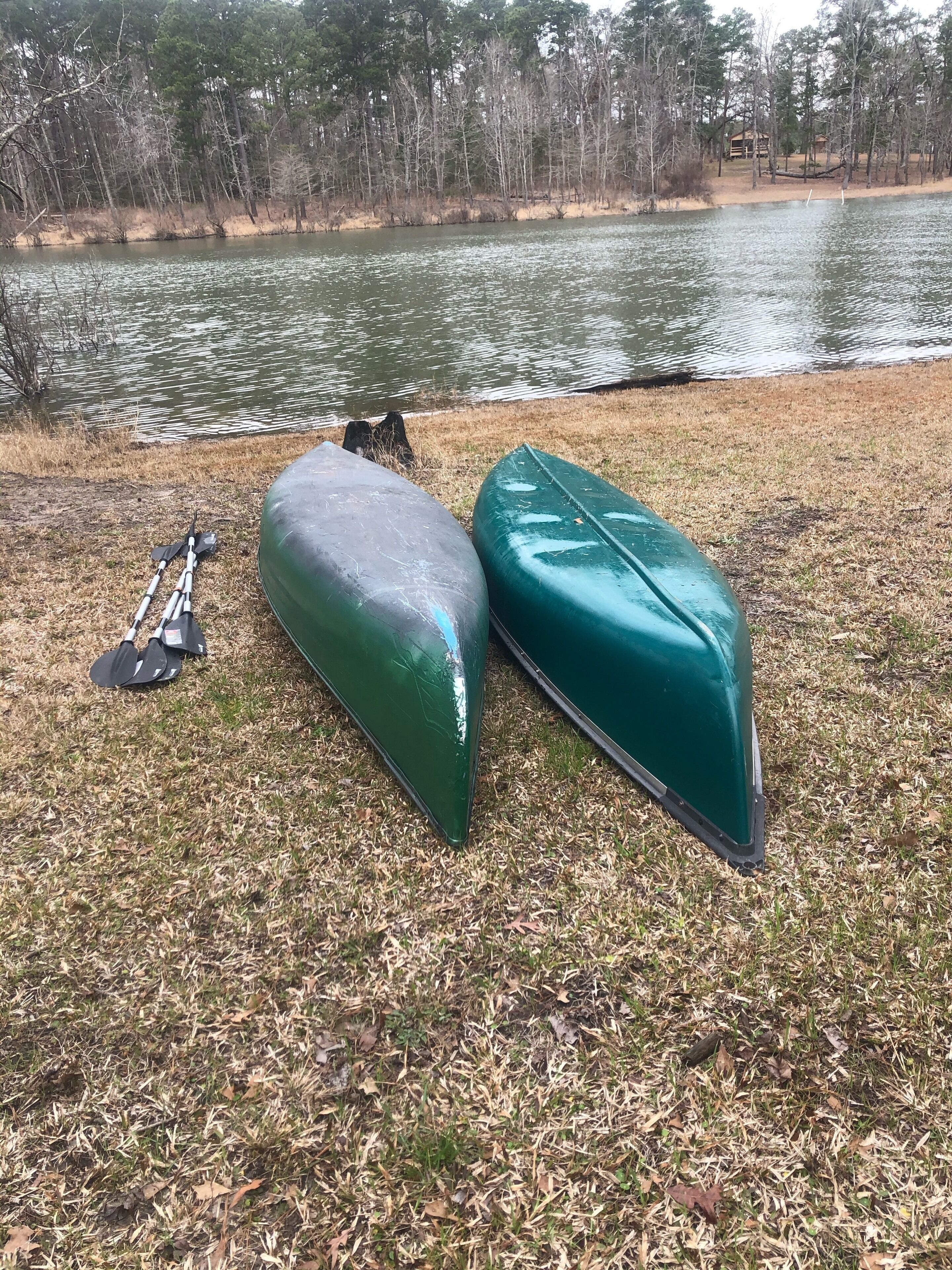 Two green kayaks and a paddle on a grassy area near a body of water.