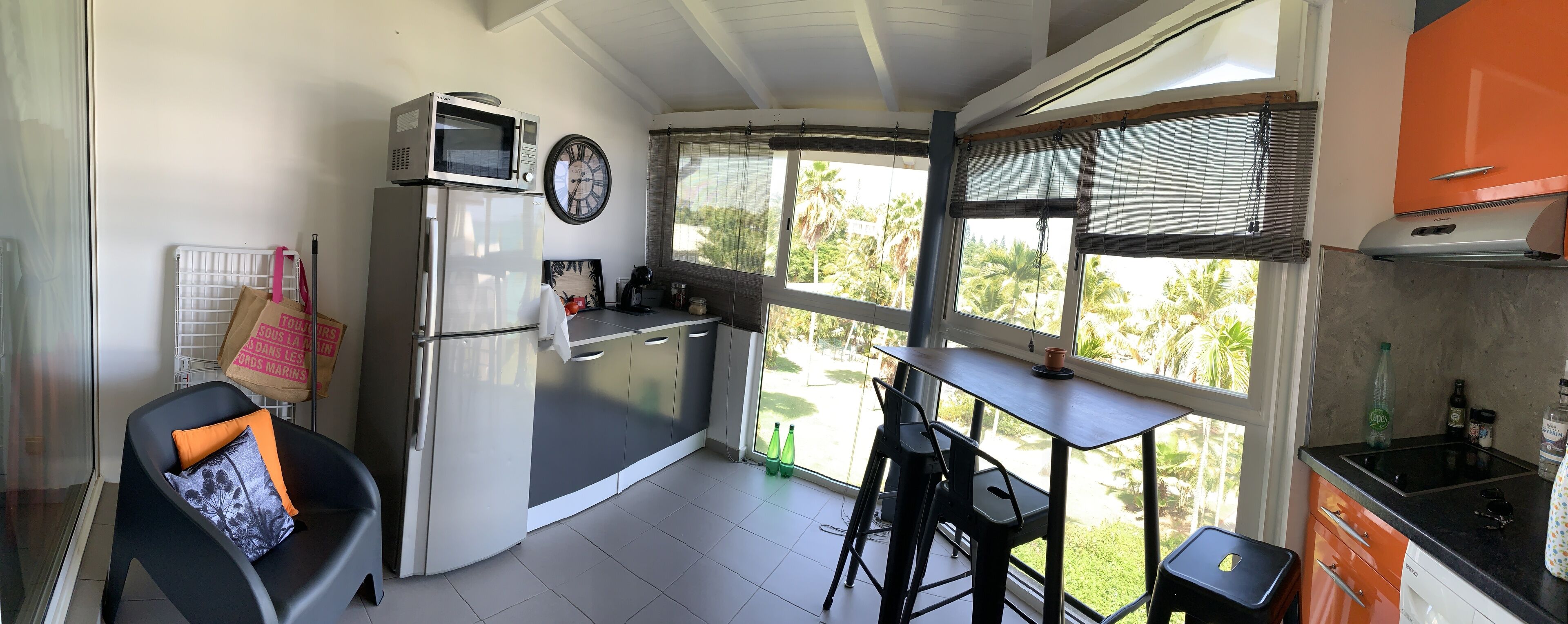 Cocina compacta con refrigerador, microondas y ventana con vista a palmeras.