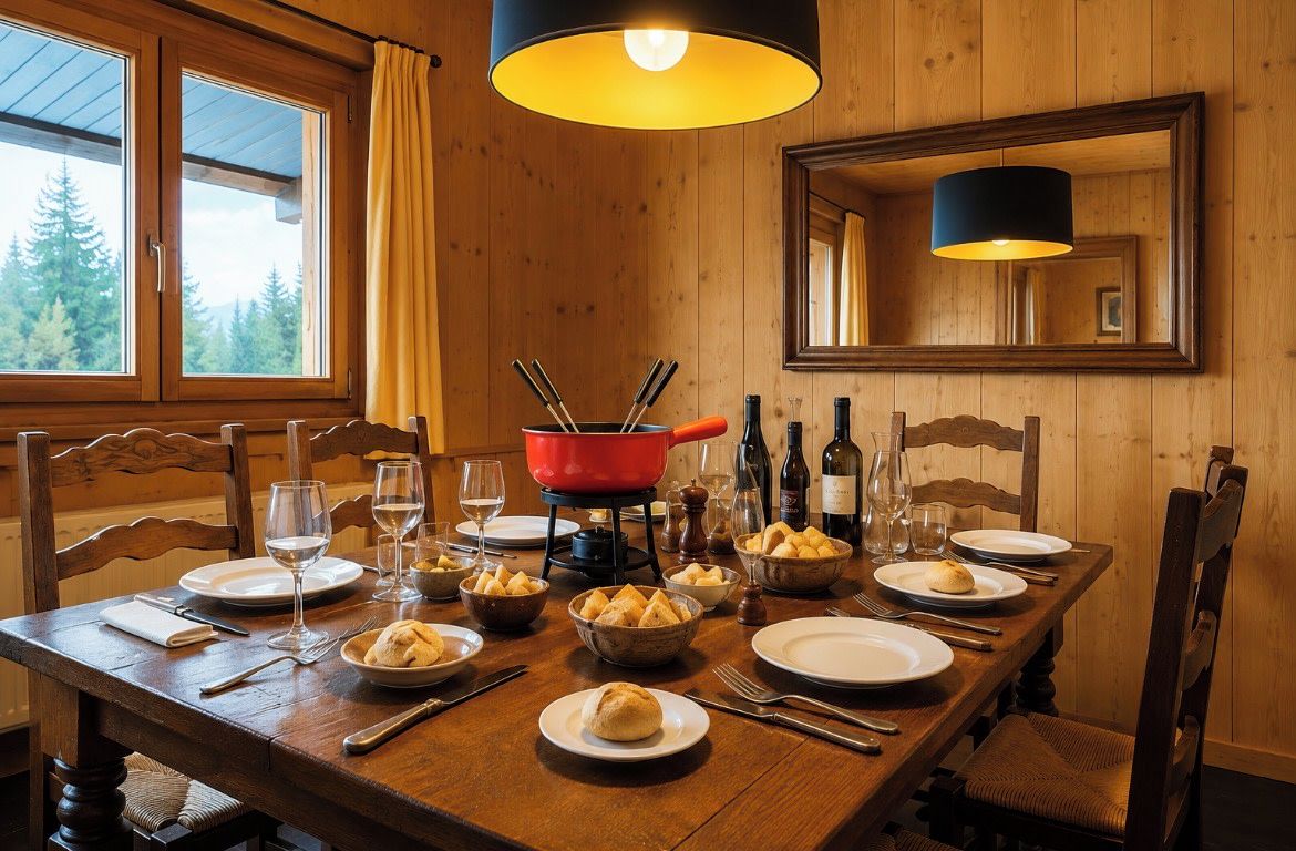 Une table de salle à manger en bois, mise avec des assiettes, des verres et un pot rouge.