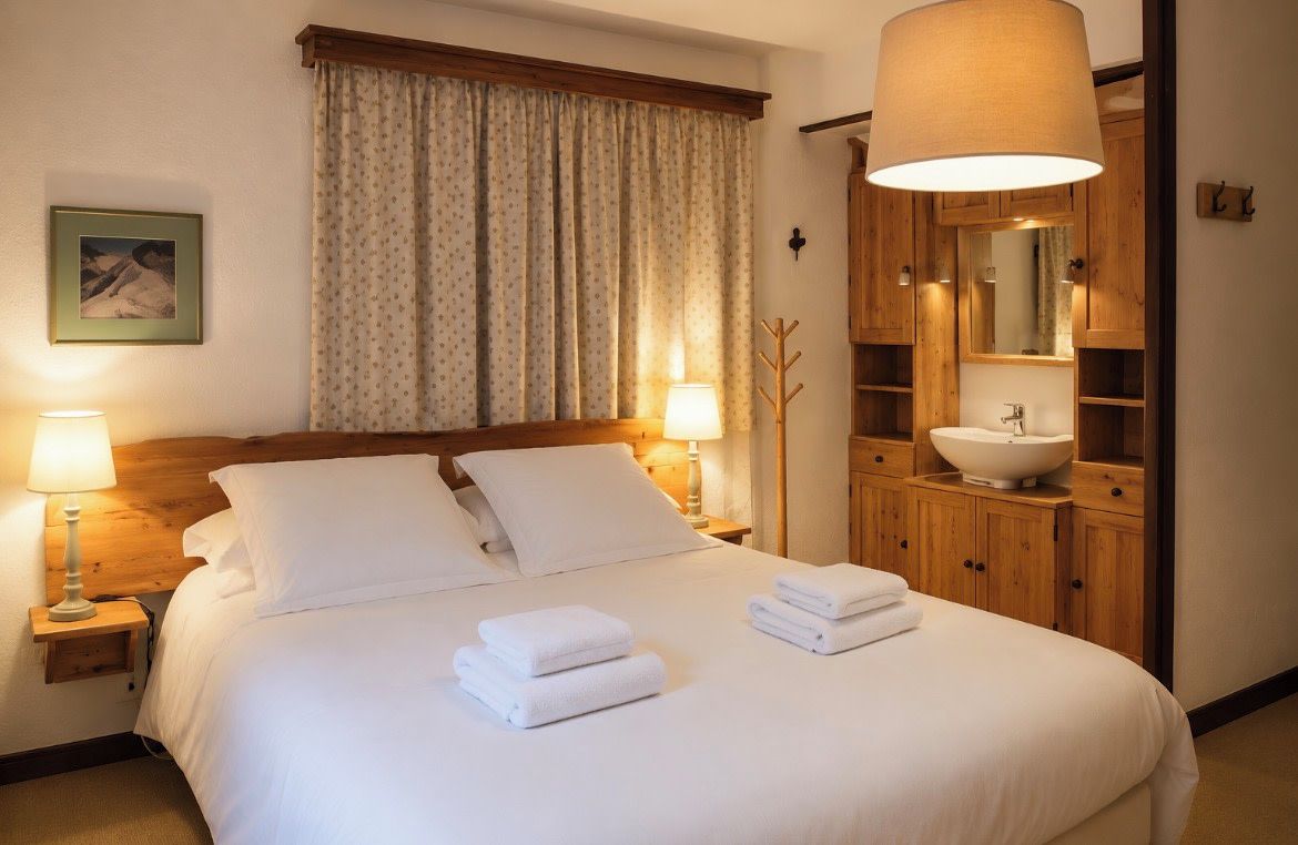 Una camera d'albergo con un letto grande, due abat-jour, una testiera in legno, una finestra con tende, un mobiletto in legno con un lavandino e un quadro incorniciato appeso al muro.