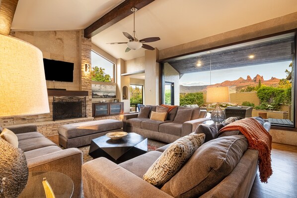 Smart TV, fireplace, table football