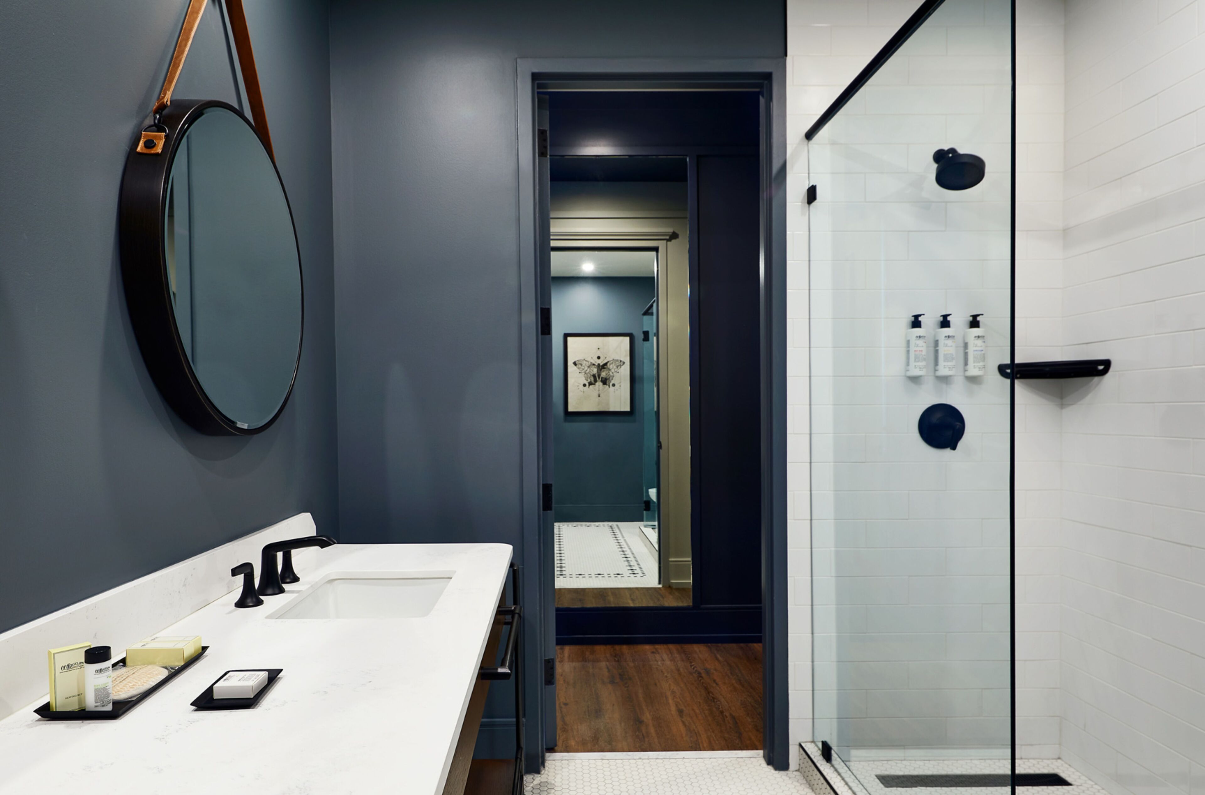 designer toiletries, hair dryer, bathrobes, towels