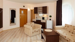 A compact living space with a kitchenette, two sofas, a coffee table, and a small dining table.