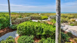 A landscaped garden with palm trees, a pathway, and a view of the ocean. - South Seas Gulf Cottage 1106 (Captiva)