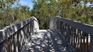 Un puente peatonal con barandilla metálica y un camino.