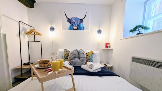 Quarto de hotel com cama, mesa de cabeceira, bandeja de café da manhã, obra de arte na parede, radiador e janela com vista.