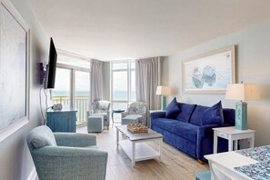 TV, DVD player, video library - 12th floor oceanfront condo w/ balcony, central AC, shared hot tub, free WiFi (North Myrtle Beach)