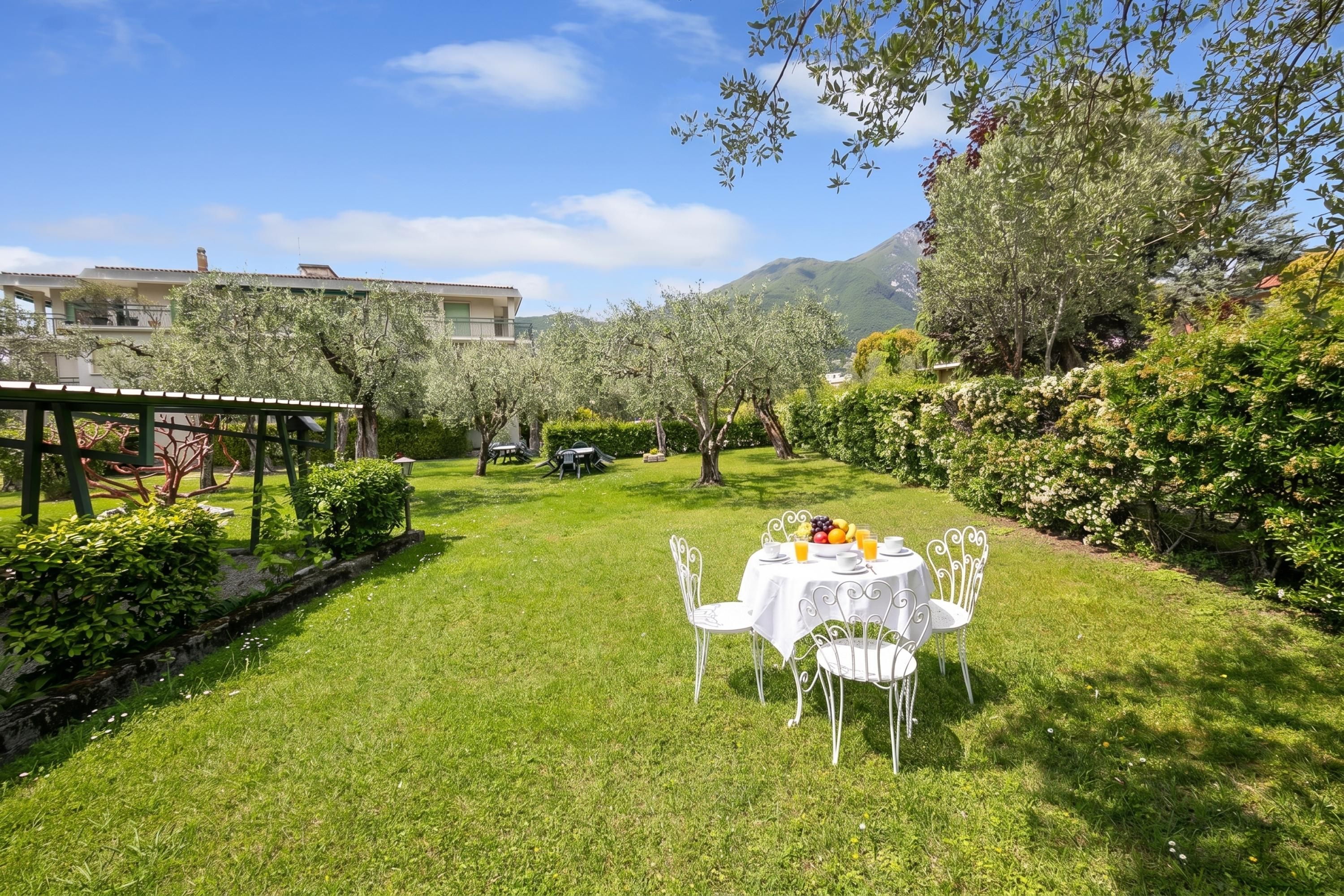 A well-maintained garden with a table set for a meal, surrounded by greenery and a mountain in the background.