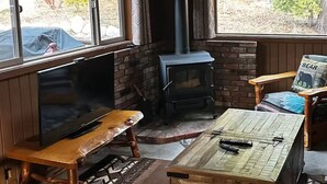 Una sala de estar acogedora con chimenea, televisor y un banco.