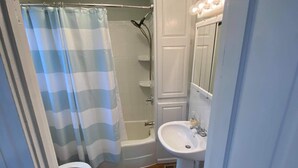 A bathroom with a shower, toilet, and sink. - White House Lodge-Lower Studio (Brookfield)
